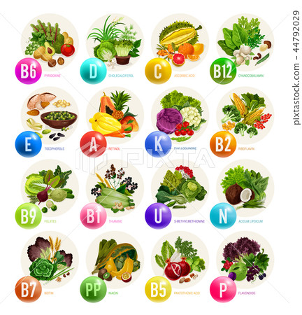 Vitamins in fruits, nuts and vegetables 44792029