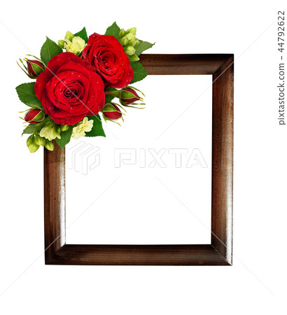 Red roses and bouvardia flowers with wooden frame 44792622