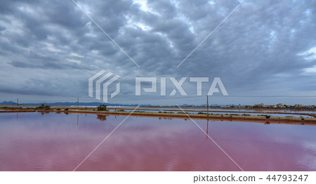Pink salt pool at sunrise with dark clouds 44793247