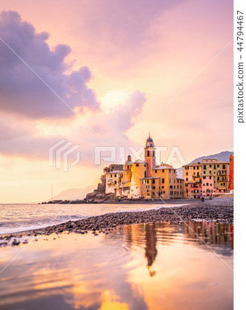 Scenic Mediterranean riviera coast. Panoramic view of Camogli town in Liguria, Italy. Basilica of 44794467