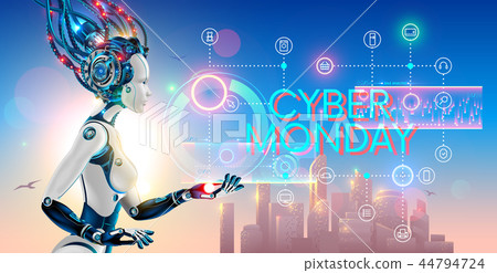 Cyborg woman show hologram with text cyber monday and icons online internet store. Robot advertising Cyborg woman show hologram with text cyber monday and icons online internet store. Robot advertising 44794724