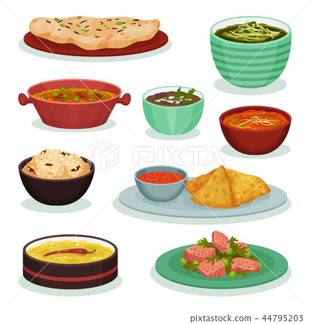 Collection of traditional Indian food, chapati, roti, dahi maach, samosa, palak paneer vector 44795203