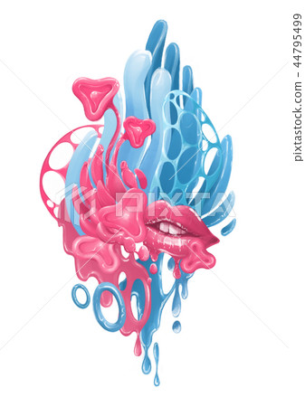 Abstract design with fantasy plant, lips, net structures and liquid substance 44795499