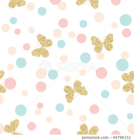 Gold glittering butterflies seamless pattern on pastel colors confetti round dots background. Gold glittering butterflies seamless pattern on pastel colors confetti round dots background. 44796132