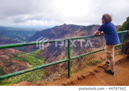Young tourist enjoying the view into Waimea Canyon Young tourist enjoying the view into Waimea Canyon 44797362