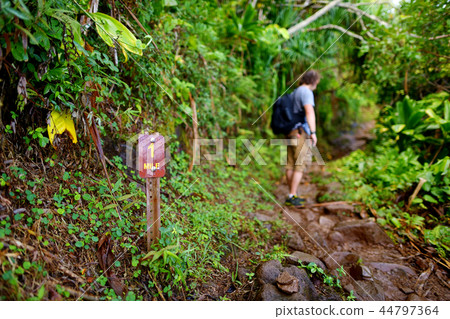 Young tourist hiking on the famous Kalalau trail Young tourist hiking on the famous Kalalau trail 44797364
