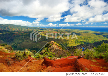 Young tourist enjoying the view of Waimea Canyon 44797365