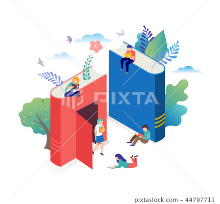 Book festival concept - a group of tiny people reading a huge open book. Vector illustration, poster Book festival concept - a group of tiny people reading a huge open book. Vector illustration, poster 44797711
