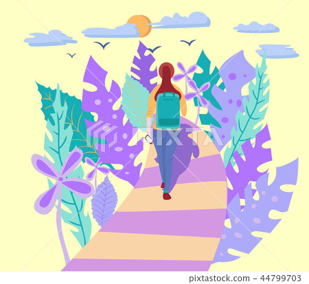 Young woman with backpack walking alone Young woman with backpack walking alone 44799703