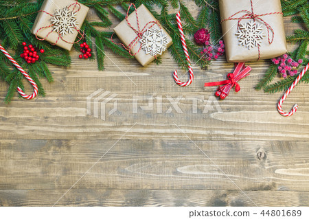 Christmas holiday border- gifts and decor on board 44801689
