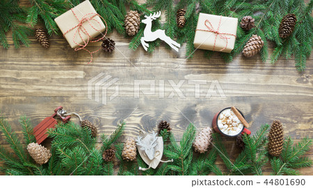 Christmas holiday border- gifts and decor on board Christmas holiday border- gifts and decor on board 44801690