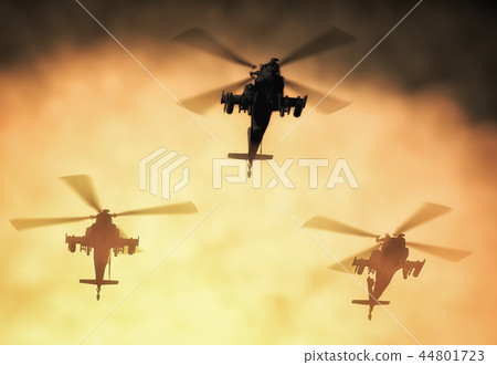 Silhouette of helicopter, soldiers rescue helicopter operations on sunset sky background. Copter in Silhouette of helicopter, soldiers rescue helicopter operations on sunset sky background. Copter in 44801723