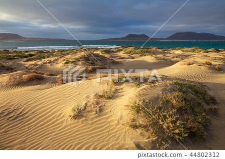 dunes, ocean on sunset in unique volcanic island dunes, ocean on sunset in unique volcanic island 44802312