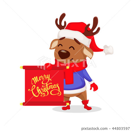Merry Christmas. Cute deer wearing Santa Claus hat - Stock Illustration ...