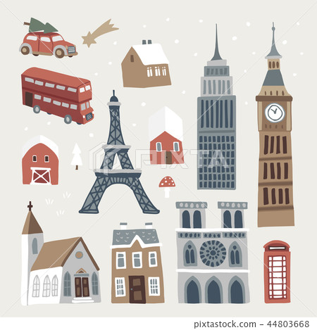 Set of cute winter city, town and village icons. Hand drawn houses, church, Eiffel and Big Ben tower Set of cute winter city, town and village icons. Hand drawn houses, church, Eiffel and Big Ben tower 44803668