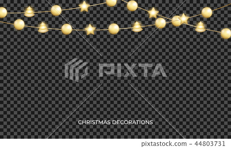 Christmas garland with gold shiny balls. Xmas festive gold metallic decoration 44803731