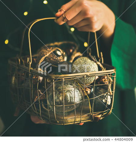 Christmas, New Year tree vintage toys in basket, square crop 44804009