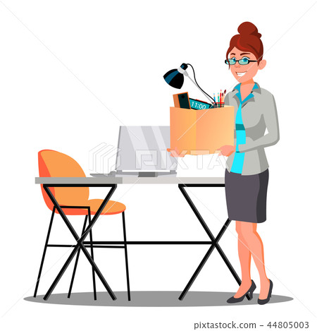 Happy Woman With Box With Things Near Table Getting A New Job Vector. Isolated Illustration Happy Woman With Box With Things Near Table Getting A New Job Vector. Isolated Illustration 44805003