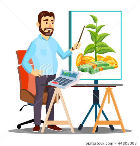 Calculation Of Budget, Businessman With Calculator And Flip Chart Vector. Isolated Illustration Calculation Of Budget, Businessman With Calculator And Flip Chart Vector. Isolated Illustration 44805008