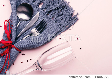 Holiday Minimal Christmas Table Setting on pastel background 44807079