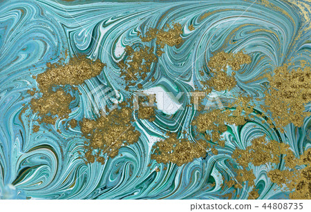 Marble pattern. Blue and green marbling background. Golden sequins 44808735
