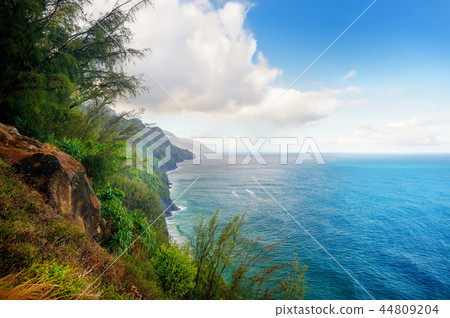 View of famous Kalalau trail along Na Pali coast View of famous Kalalau trail along Na Pali coast 44809204