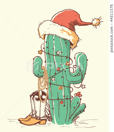 Cactus Christmas In Red Santa Hat Stock Illustration 44811376 Pixta