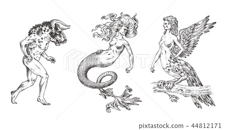 Set of Mythological animals. Mermaid Minotaur Harpy Woman Bird. Greek creatures. Engraved hand drawn 44812171