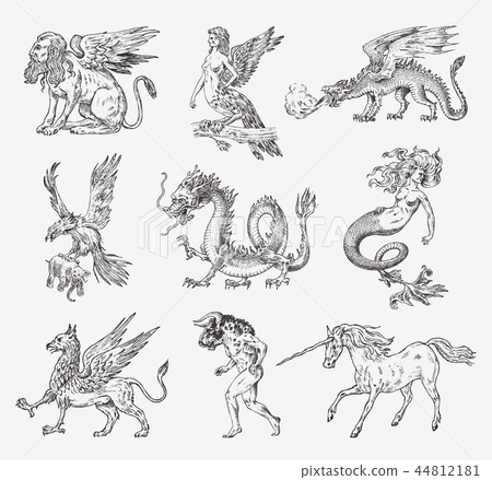 Set of Mythological animals. Mermaid Minotaur Unicorn Chinese dragon Cerberus Harpy Sphinx Griffin 44812181