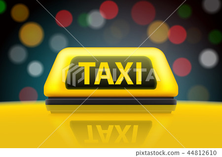 Creative vector illustration of yellow taxi service car roof sign on the street at night blurred Creative vector illustration of yellow taxi service car roof sign on the street at night blurred 44812610