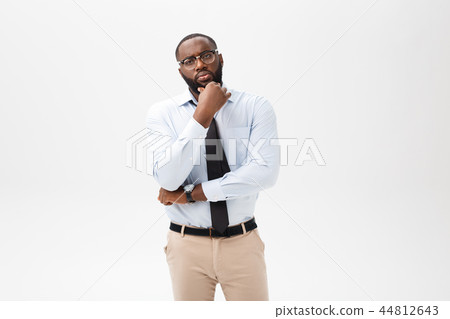 business man African American with glasses thinks on isolated white background business man African American with glasses thinks on isolated white background 44812643