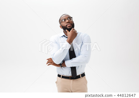business man African American with glasses thinks on isolated white background business man African American with glasses thinks on isolated white background 44812647