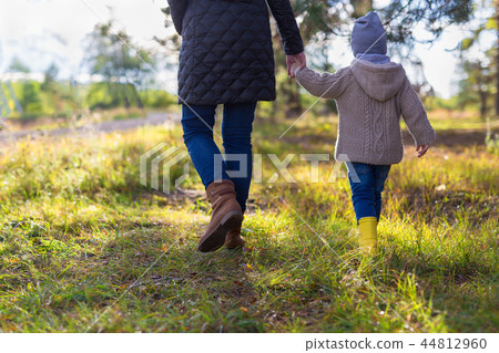 Mother holding her kid's hand while having a walk in the woods Mother holding her kid's hand while having a walk in the woods 44812960
