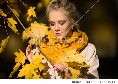 Pretty blonde girl in yellow autumn leaves 44813045
