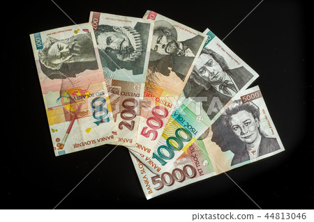 Collection of tolar bills of Slovenia, obsolete currency, no longer in use 44813046