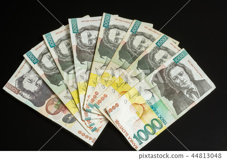 Collection of tolar bills of Slovenia, obsolete currency, no longer in use 44813048