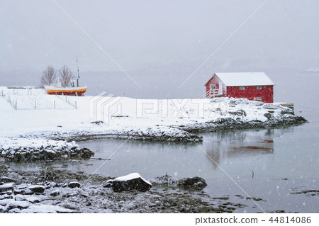 Red rorbu house in winter, Lofoten islands, Norway 44814086