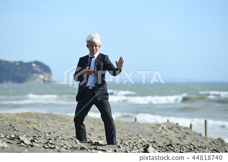 Romance gray businessman hitting karate type on sandy beach Romance gray businessman hitting karate type on sandy beach 44818740