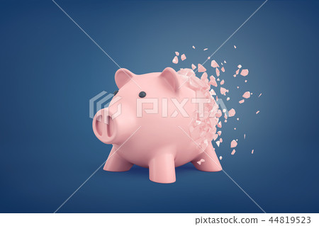 3d rendering of pink piggy bank stands slowly deteriorating with some pieces flying away from it. 3d rendering of pink piggy bank stands slowly deteriorating with some pieces flying away from it. 44819523