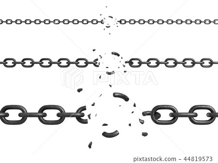 3d rendering of three parts of metal chains with different thickness broken in their centers. 44819573