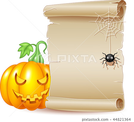 Halloween scroll banner with scary pumpkin and spi Halloween scroll banner with scary pumpkin and spi 44821364
