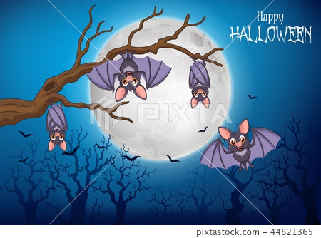 Cartoon funny bats hanging on tree with halloween Cartoon funny bats hanging on tree with halloween 44821365