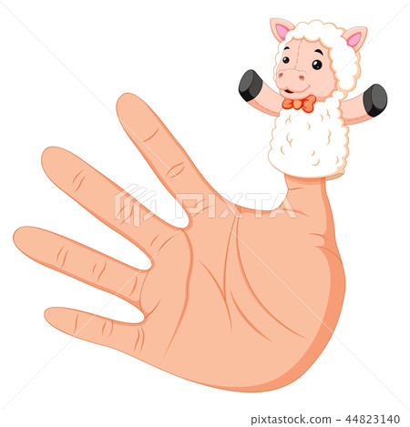hand wearing a white sheep finger puppet on thumb 44823140