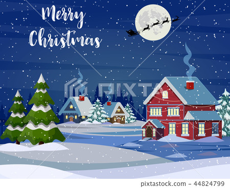Santa Claus flies over the house in the snow. Santa Claus flies over the house in the snow. 44824799