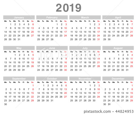 2019 year annual calendar (Monday first, English) 2019 year annual calendar (Monday first, English) 44824953
