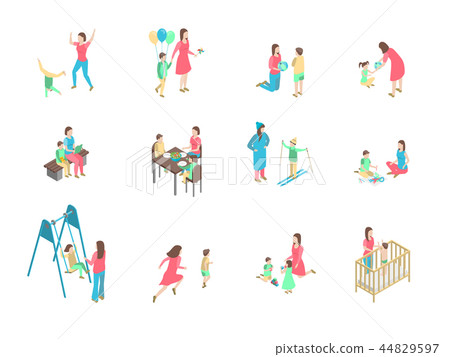 Characters Different Nanny and Children Set 3d Isometric View. Vector 44829597