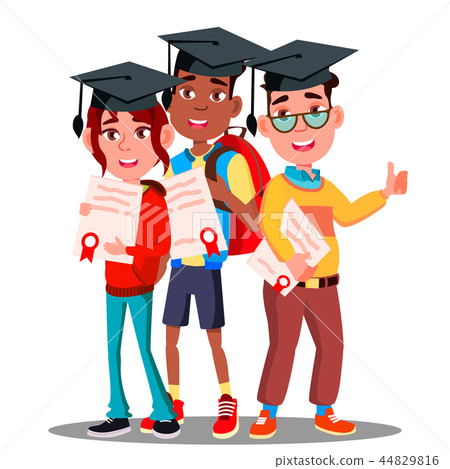Multinational Group Of Students In Graduation Caps And With Diplomas In Hands Vector. Isolated 44829816