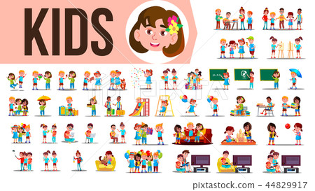 Kids Children Set Vector. Funny Family Members Spending Time Together At Home, Outdoor. Lifestyle Kids Children Set Vector. Funny Family Members Spending Time Together At Home, Outdoor. Lifestyle 44829917