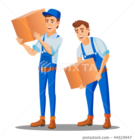 Delivery Worker In Uniform Carries A Heavy Box Vector. Isolated Illustration Delivery Worker In Uniform Carries A Heavy Box Vector. Isolated Illustration 44829947