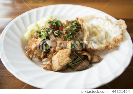 Fried basil leave with pork and Fried egg 44831464